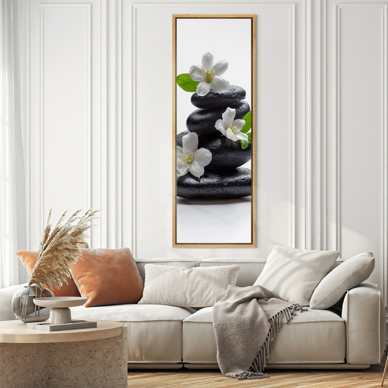 «Black Zen Stones» avec fleurs blanches et feuilles vertes, art très grand, impression sur toile encadrée, H 60 po x l 20 po