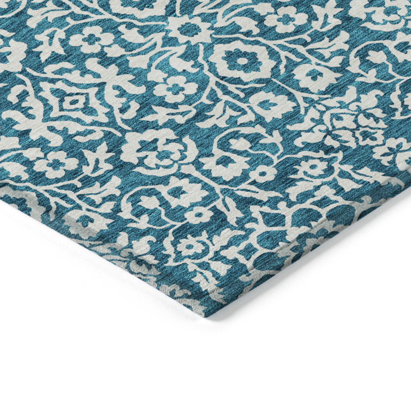 HomeRoots 3' X 5' Teal Blue And Ivory Damask Washable Indoor Outdoor Area Rug