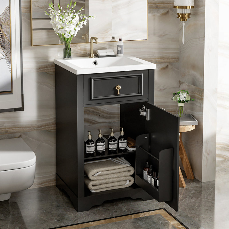 Meuble-lavabo de rangement multifonctionnel de 20 pouces avec lavabo en céramique, Noir, noir, noir, noir