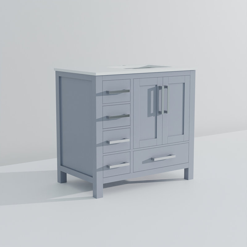 Bath Vanity with Right Offset and White Quartz Top, Dark Grey