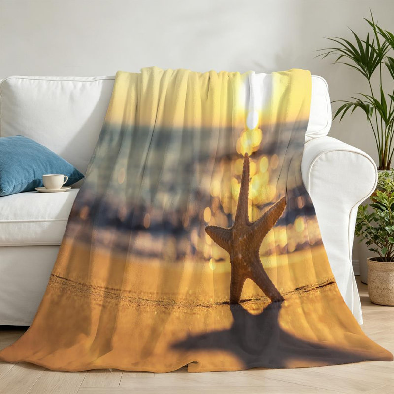 Jeté en flanelle bleue ultra douce, étoile de mer sur la plage, imprimé recto, Throw 50" x 60"