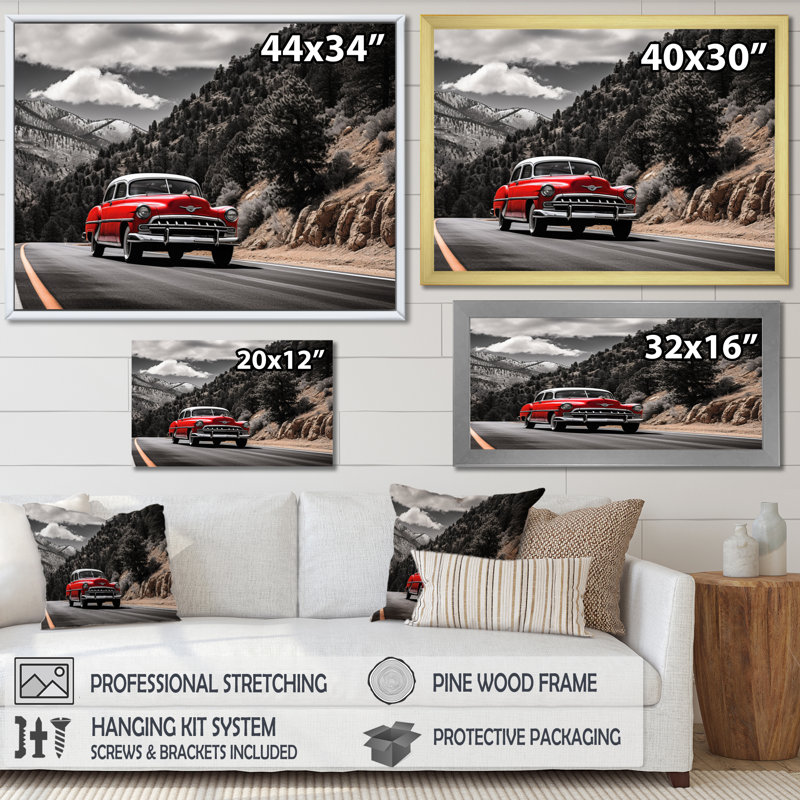 «Red Classic Car Vintage Drive - Transport», art mural sur toile, Cadre photo noir, H 16 po x l 32 po x P 1 po