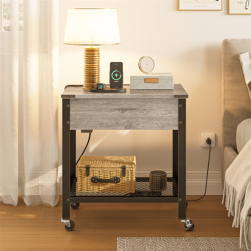 Haigh End Table with Removable Laptop Desk and Charging Stations, Gray