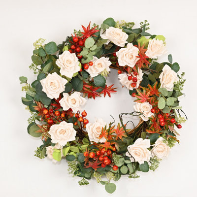 24" Artificial Farmhouse Pumpkin Maple Leaf Eucalyptus Berry Fall Thanksgiving Day Harvest Rose Floral Wreath For Front Door