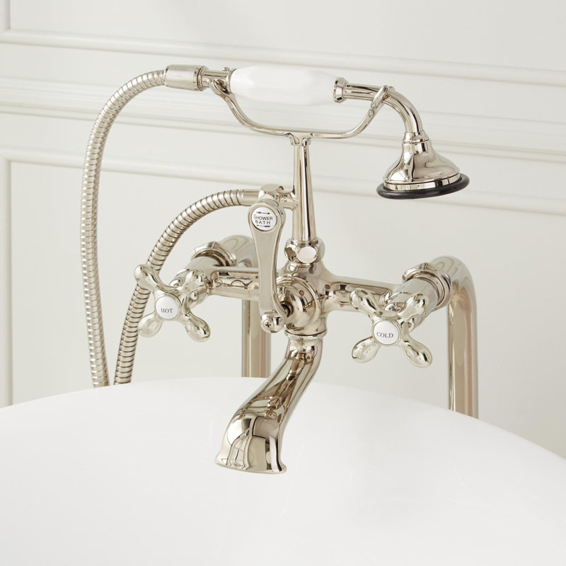 Telephone Style Floor Mounted Tub Faucet with Cross Handles, Polished Nickel