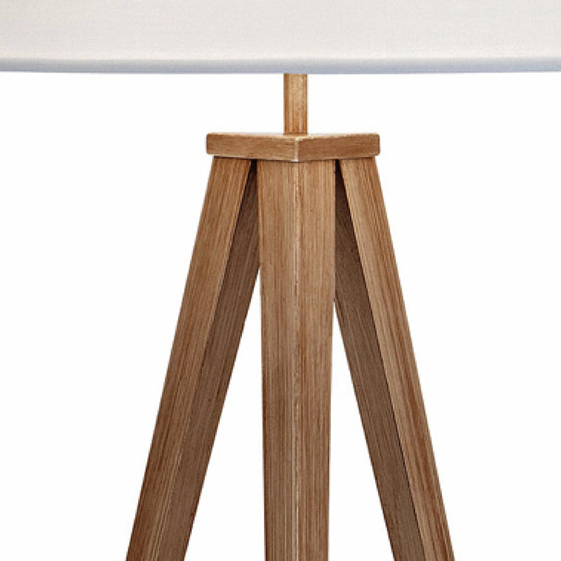 Natural Wood Tripod Floor Lamp with White Drum Shade