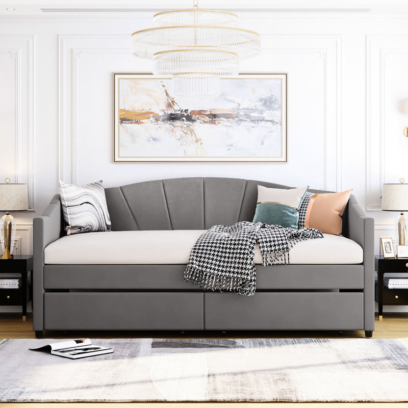 Lit de jour rembourré gris avec deux tiroirs fonctionnels - pratique et élégant simple en tissu élégant, Gris