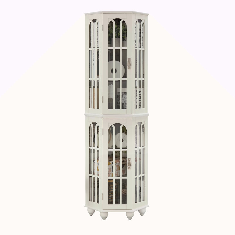 Vitrine de coin avec 4 tablettes réglables en verre trempé et système d'éclairage, pieds en bois massif, panneau arrière en miroir en acrylique (ampoule E26 non incluse)