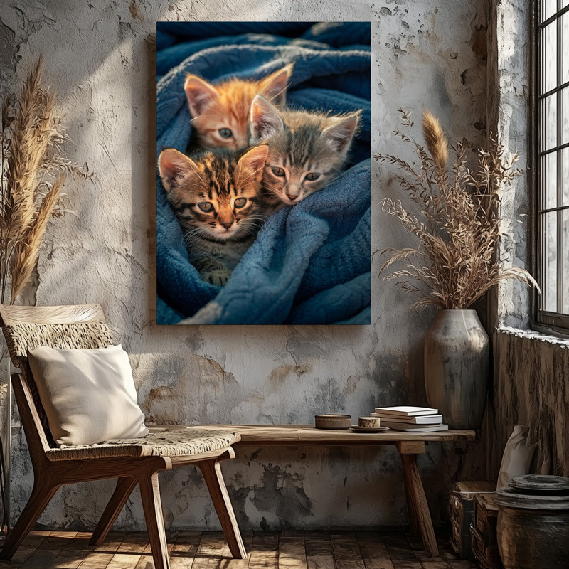 Toile, trois adorables chatons nichés ensemble dans une couverture bleue douce, art mural, H 30 po x l 30 po