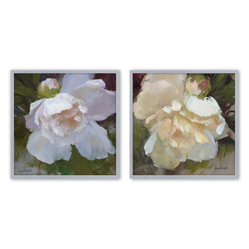 Ensemble de 2 impressions sur toile Graceful Peony Bloom, 16 po x 16 po, Cadre en chrome poli