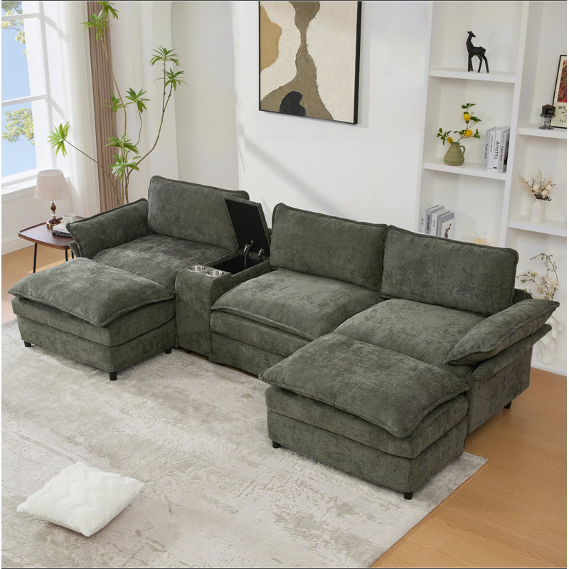 [Nouveauté] [Vidéo fournie] Canapé modulaire en U, console de rangement et recharge sans fil, 2 porte-gobelets, haut-parleurs Bluetooth, 2 repose-pieds mobiles, main courante réglable, siège mobile, chenille