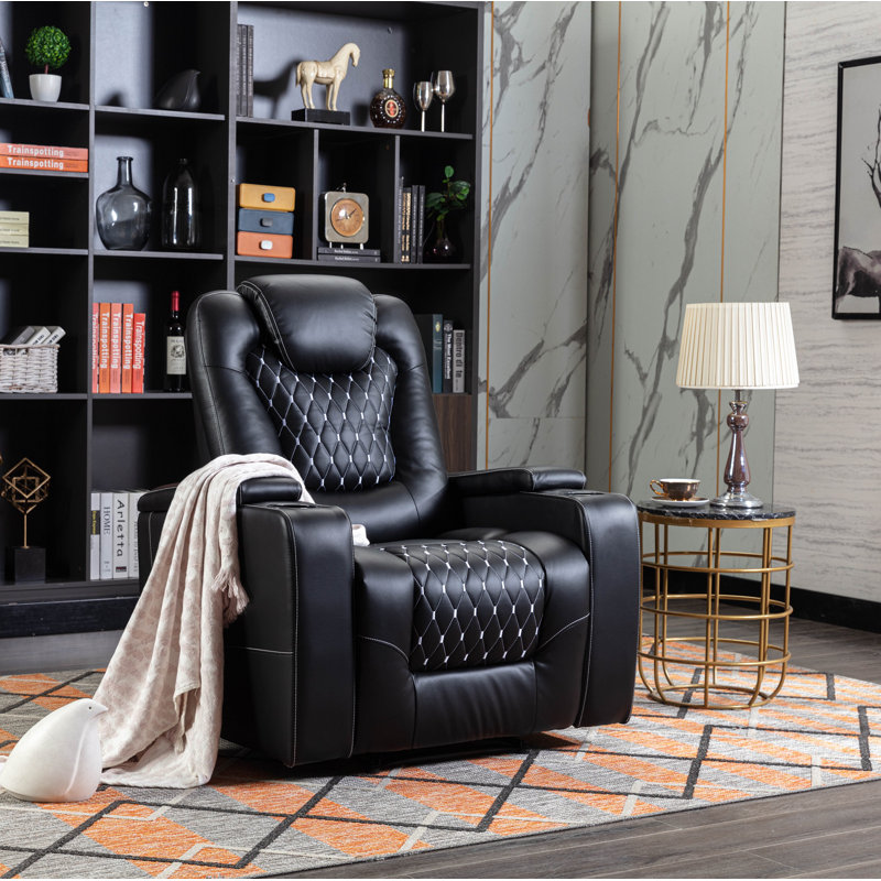 35'' Luxury Faux Leather Home Theater Individual Seat Recliner with Cup Holders & Arm Storage, Black Faux Leather