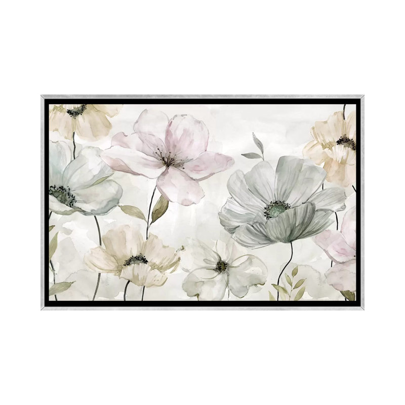 «Garden Grays» par Carol Robinson - reproduction, H 18 po x l 26 po x P 1,5 po, Toile avec cadre argenté, Pas de tapis