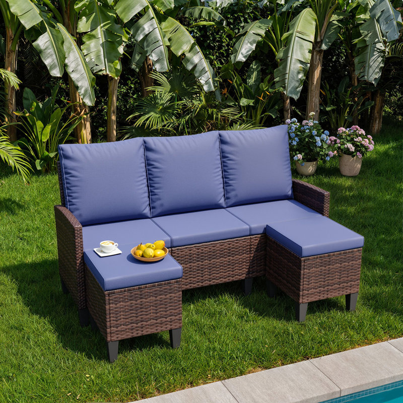 Ensemble de conversation modulaire en osier avec repose-pieds pour 3 personnes, Marine, Brun