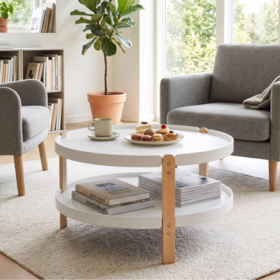Table basse ronde à 2 niveaux avec tablette de rangement ouverte, pieds en bois de hêtre massif pour la maison blanc et naturel