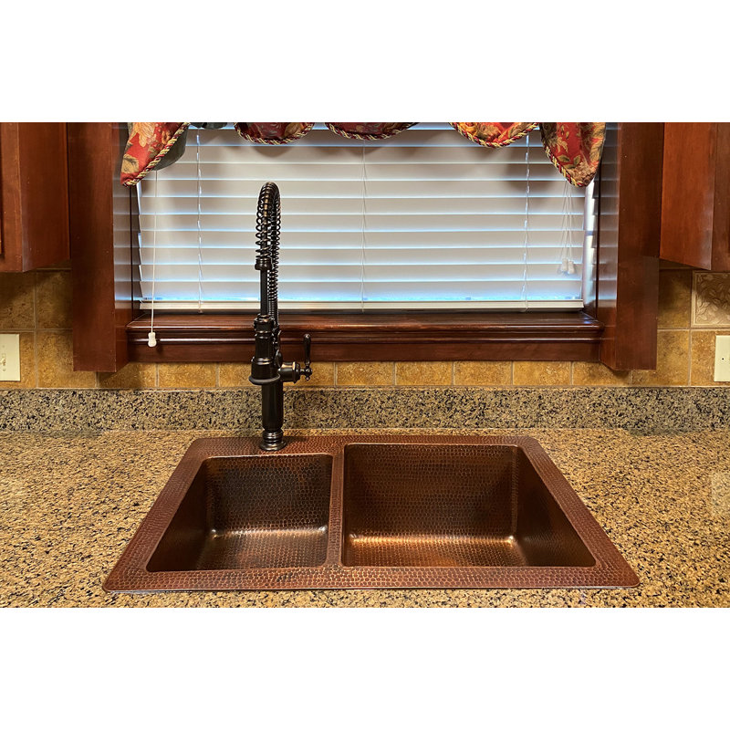 33" Hammered Copper Kitchen 40/60 Double Basin Sink with Matching Drains, and Accessories