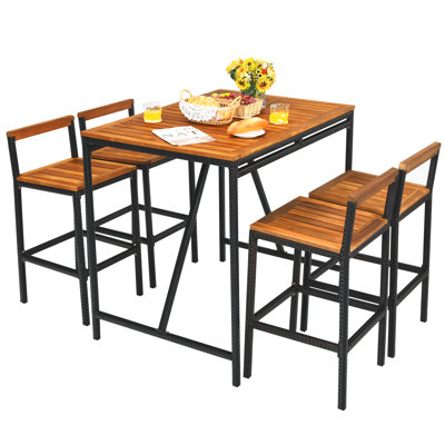 Nigel Patio Bar Table Set Pe Rattan High-dining Bistro Set W/ Acacia Wood Top by Steelside
