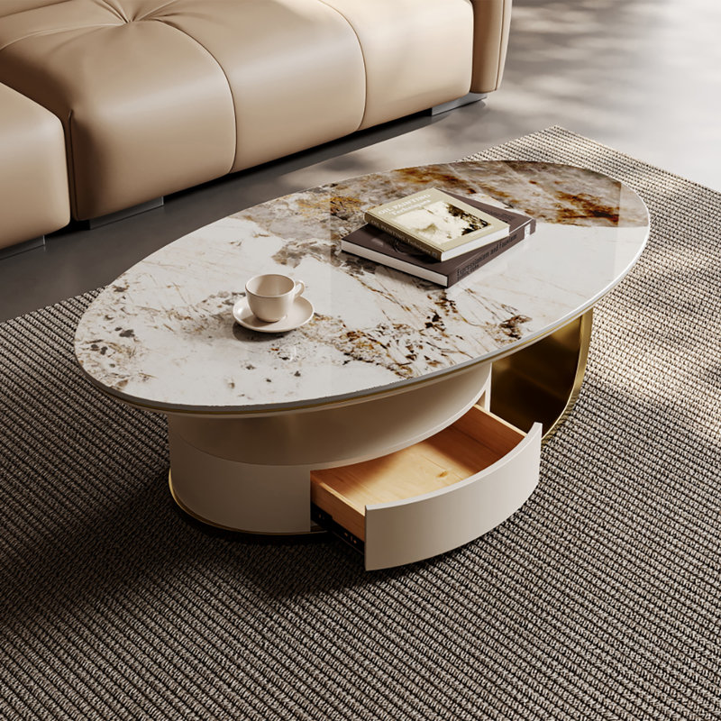 51.2-Inch Oval Faux Marble Coffee Table with Drawers