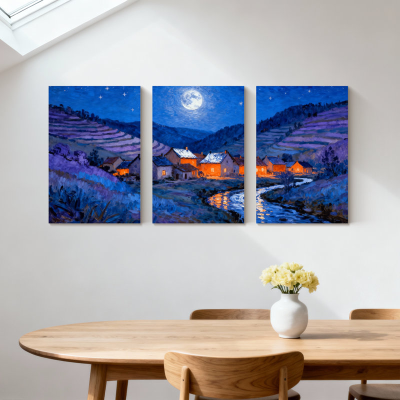 Abstrait au clair de lune avec ciel étoilé et champs de lavande, ensemble de 3 impressions sur toile, H 18 po x l 36 po