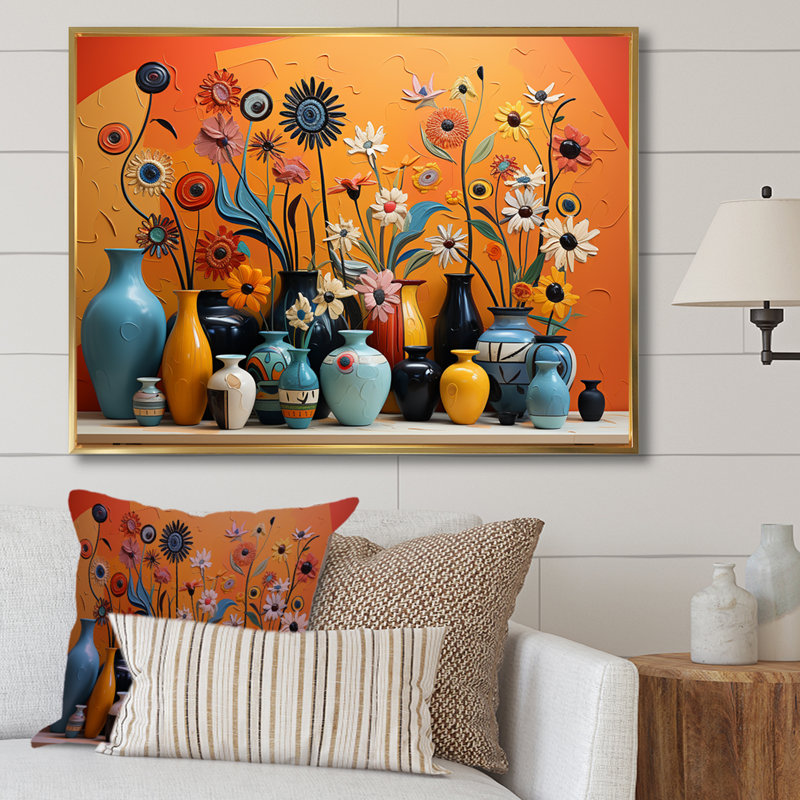 «Orange Boho Pottery Expressions II», art mural Boho, Cadre flottant doré, H 12 po x l 20 po x P 1 po