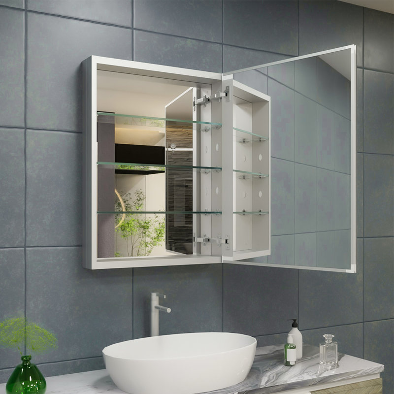 Armoire à pharmacie Hennagan avec miroir et 4 tablettes réglables, Argent argent, H 30 po x l 23 po x P 4,62 po