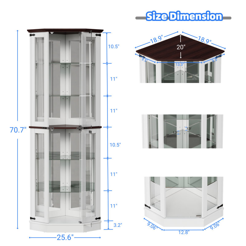 armoire de coin blanche, vitrines éclairées avec tablettes en verre