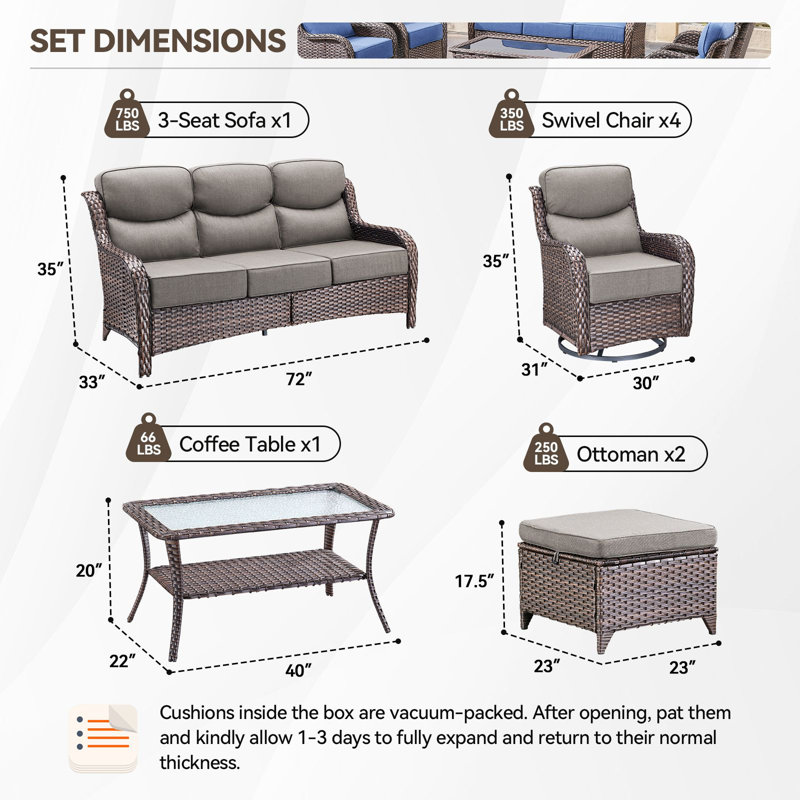 Heritage Haven 8-Pieces PE Wicker Outdoor Patio Conversation Set With 6" Thickness Cushions, Light Gray