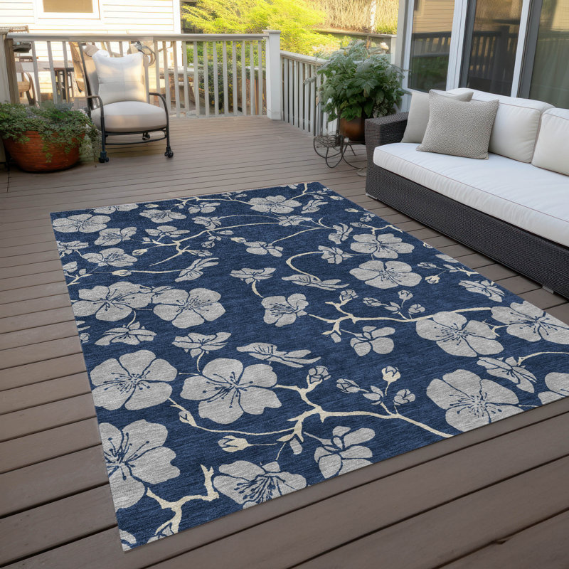 Navy Floral Synthetic Rectangular 5' x 7' Washable Rug
