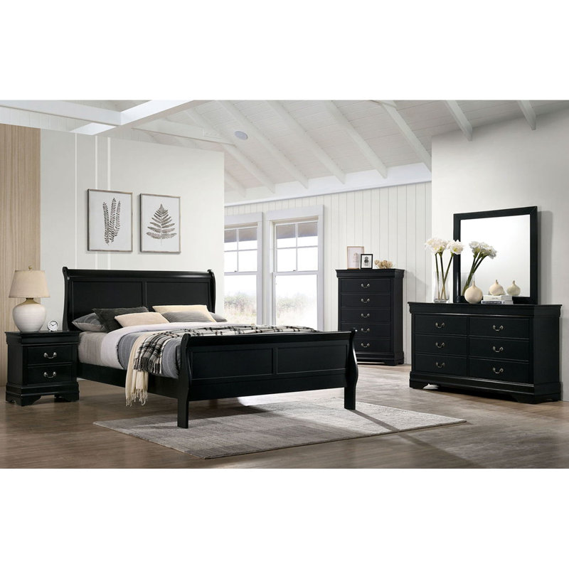 Lit simple noir contemporain, lit en bois massif avec pieds en équerre et anglais, idéal pour la chambre principale, construction de base nécessaire, design transitionnel