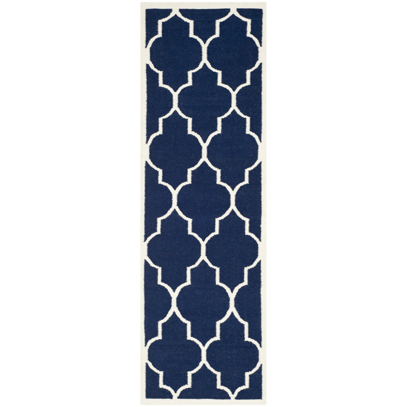 Emek Hand Woven Flat Weave Wool/Cotton Geometric Rug in Blue, Runner 2'6" x 8'