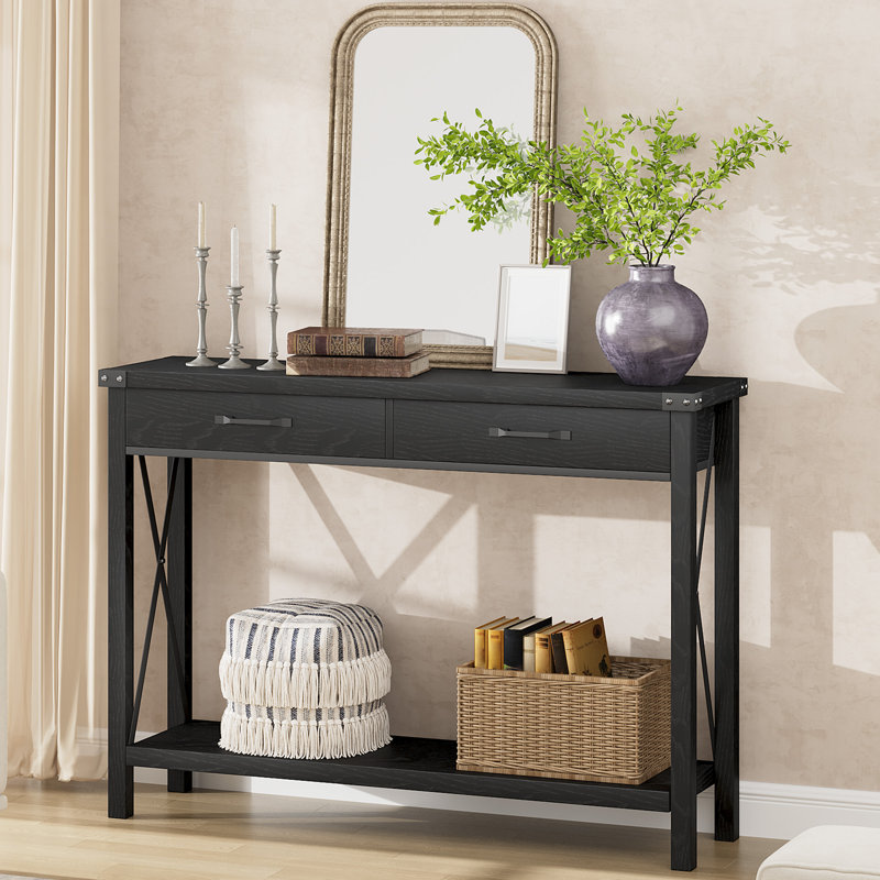 43 Inch Console Table with 2 Drawers & 2-Tier Storage for Entryway, Hallway, Living Room-Black, Black