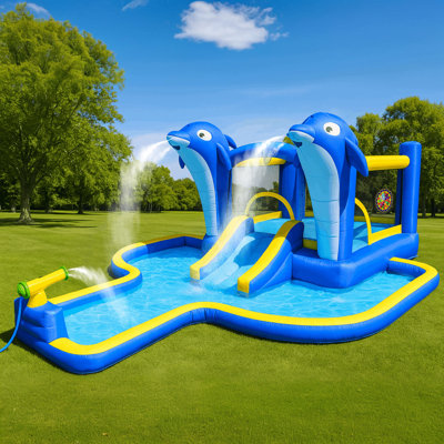 13.5Ft X 18.9Ft Inflatable Water Slide And Bounce House With Dolphin Sprinkler, Basketball Hoop, Water Gun, And Target Game