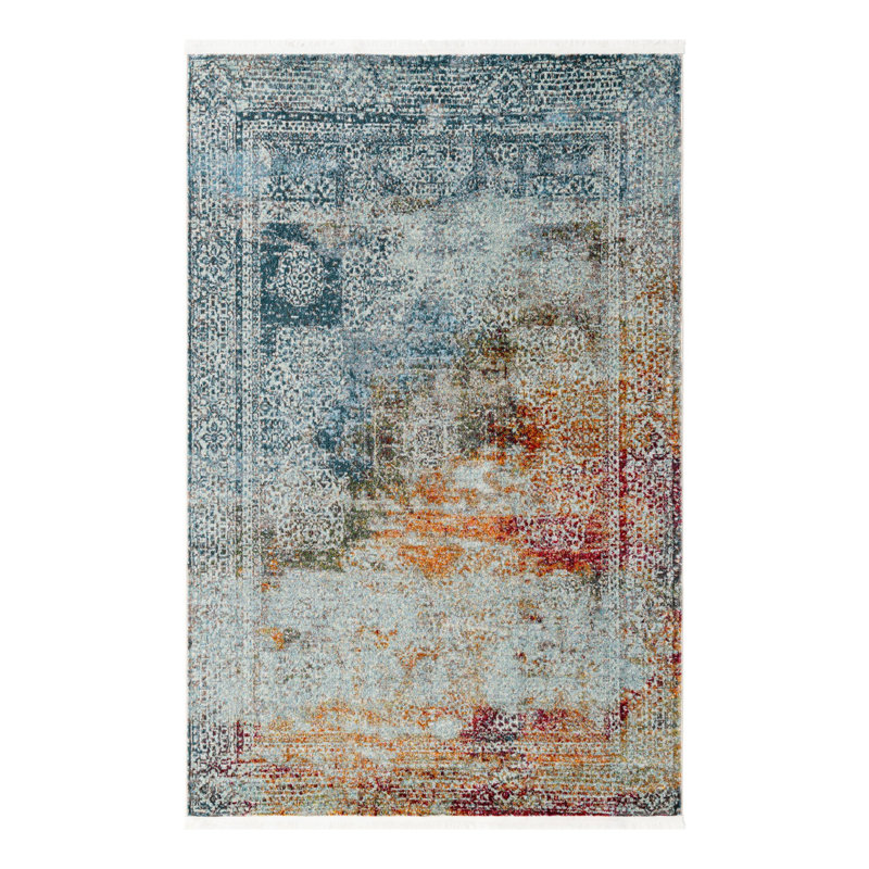 Tapis ivoire / bleu / rouge à motif abstrait Folmar, Rectangle 5 pi 5 po x 8 pi