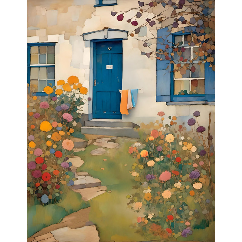 Rustic Blue Door Cottage - Art mural sur toile tendue, H 24 po x l 20 po x P 1,5 po