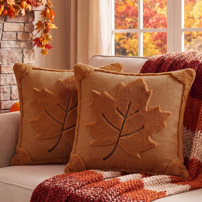 Fall Throw Pillow Covers 18x18 Set of 2 Double-Sided Rust Leaf Plush Faux Fur Covers with raised large maple leaf 3D embroidery, designed for living rooms, porches, and cozy fall home decor.