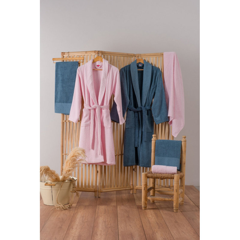 Ensemble de salle de bain 100% coton, rose et bleu indigo | Comprend 2 peignoirs pour femmes (S / M), 2 peignoirs pour hommes (M / L), 2 serviettes à main (19,7 x 35,4 po), 2 serviettes de bain (27,6 x 55,1 po) | Jacquard luxueux, ultra doux et absorbant