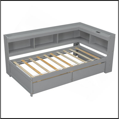 L-Shaped Bookcases Bed With Power Outlets, USB Charging Ports,Two Drawers