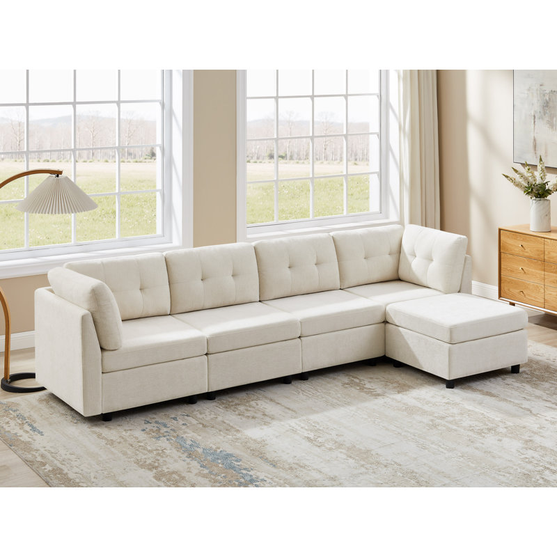 Canapé modulaire rembourré en chenille avec repose-pieds Chenille, Polyester beige