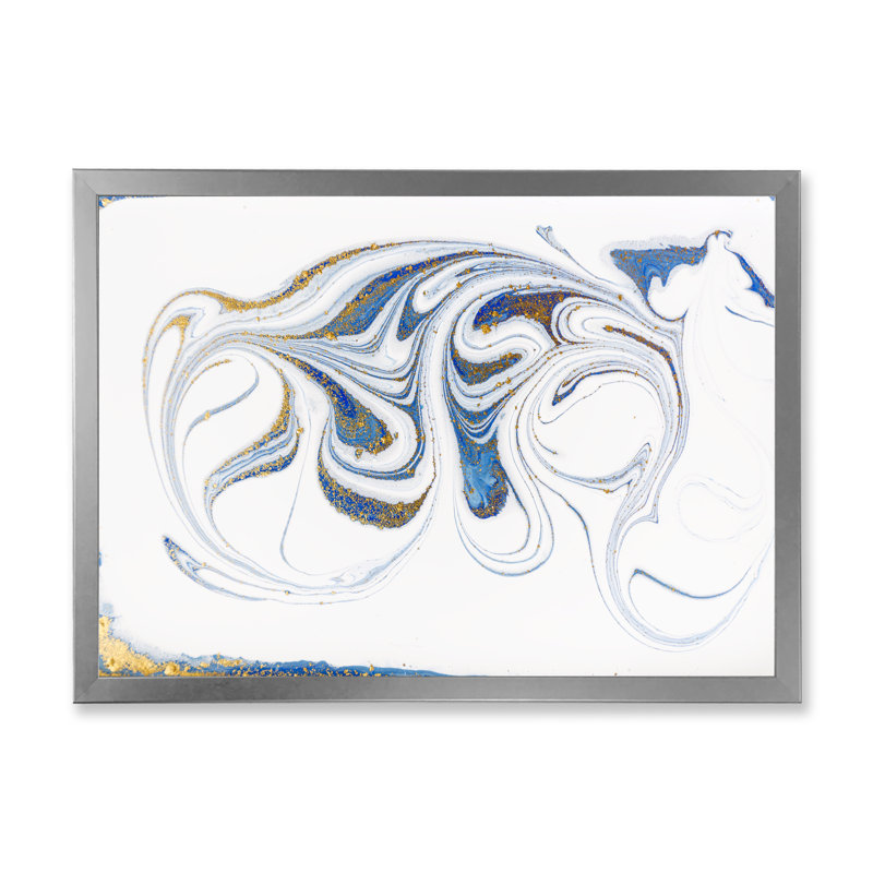 Blanc, bleu et rivières marbrées dorées - peinture sur toile, H 12 po x l 20 po, Cadre photo argenté