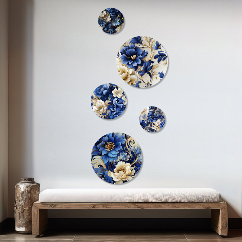 Cobalt Blue and Beige Floral Metal Wall Art Set