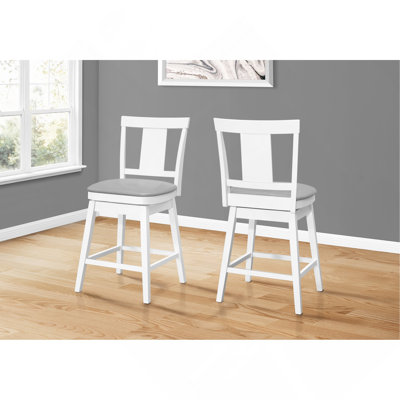 Bar Stool, Set Of 2, Swivel, Counter Height, Kitchen, White Wood, Gray Leather Look, Transitional