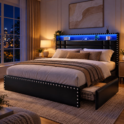 Full Modern Upholstered Platform Bed Frame with LED Lights, Charging Station, 4 Storage Drawers, Metal Slats Support, USB & Type-C, No Box Spring Needed