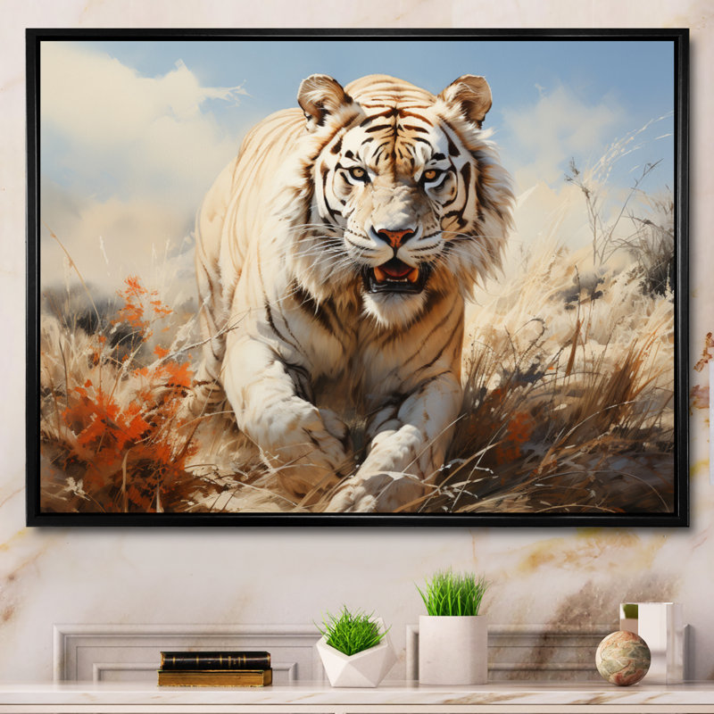 «White Tiger On Rolling Grassland I», reproduction d'art sur toile, Cadre flottant noir, H 12 po x l 20 po x P 1 po