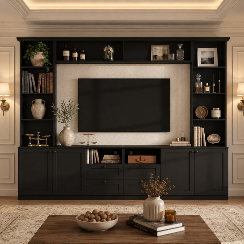 Meuble télé mural de style ferme moderne de 102,3 pouces avec console et étagères réglables, meuble télé intégré avec 4 tiroirs et placards latéraux pour téléviseurs jusqu'à 70 pouces.