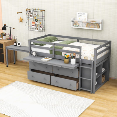 Low Loft Bed With Retractable Desk And Drawers,Shelves
