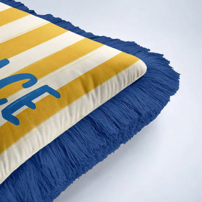 Ensemble de 2 housses de coussin à franges de luxe bord de mer Méditerranée - bleu, jaune et bleu marine