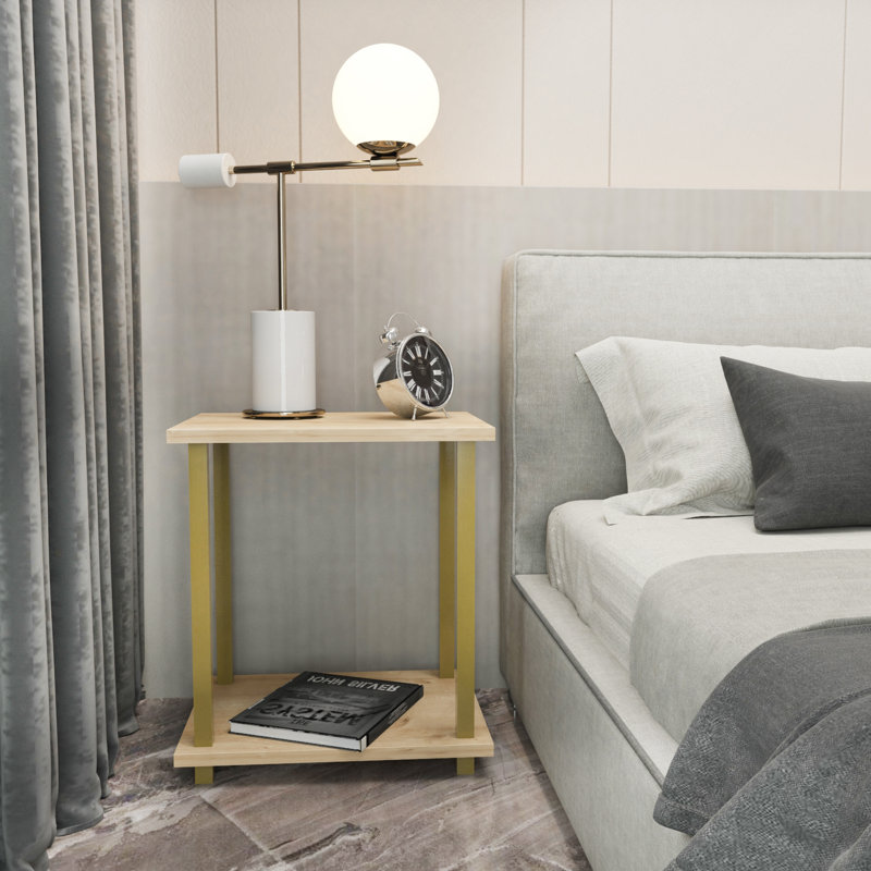 Calvester Nightstand - Modern Square End Table with Lower Shelf, Gold/Oak