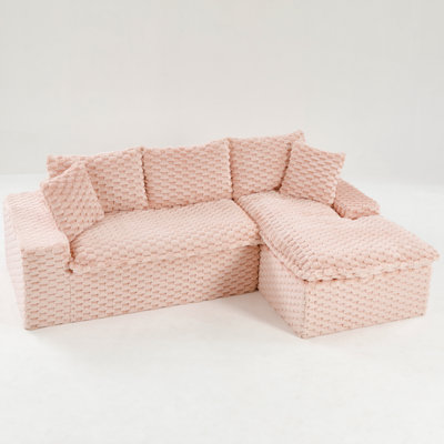 Pink Turtle-Textured Velvet Fully Upholstered Sofa, Right-Facing L-Shapee