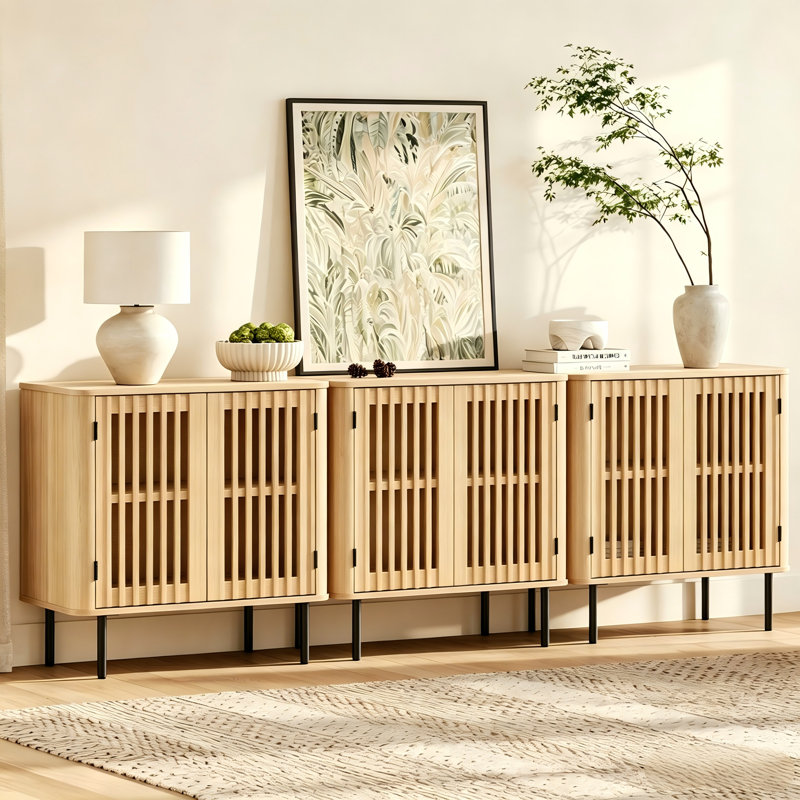 Meuble télé moderne du milieu du siècle, 240 cm de large, en bois, avec rangement pour téléviseurs jusqu'à 254 cm (100 pouces), chêne.