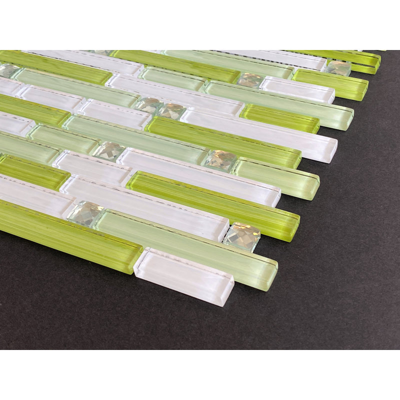 Random Sized Glass Linear Mosaic Wall Tile, Green/White